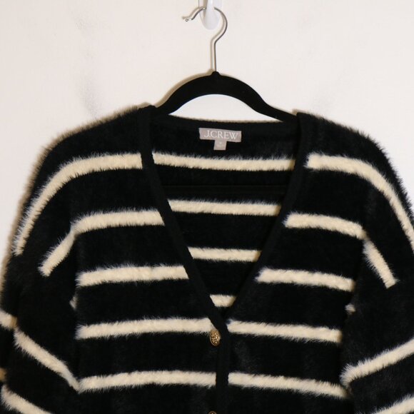 J Crew Lady Sweater Jacket Striped Brushed Yarn Womens Medium Black Fuzzy Button - Picture 3 of 8